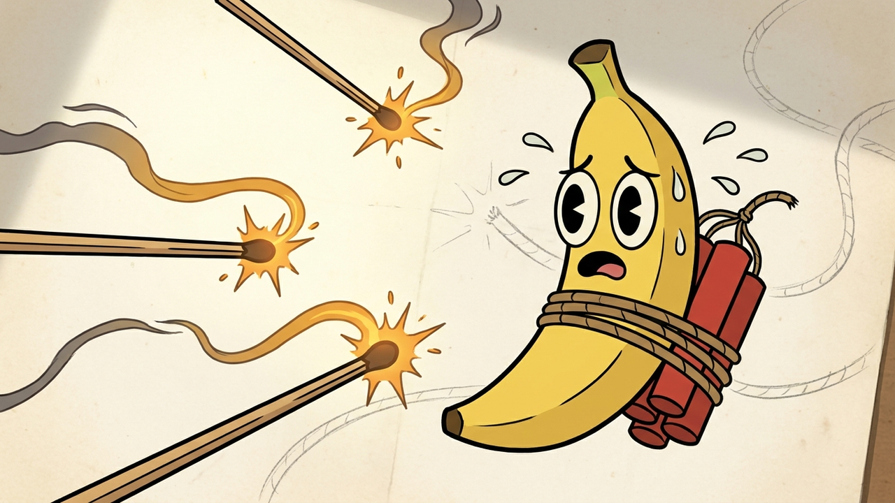 A terrified cartoon banana strapped to red TNT as sparks race down burning matchstick fuses